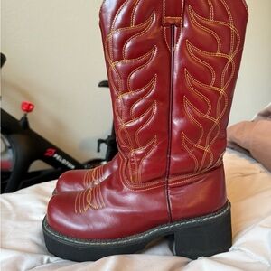 Vintage John Fluevog Red Leather Cowboy Boots, Yellow Contrast Flame Stitching